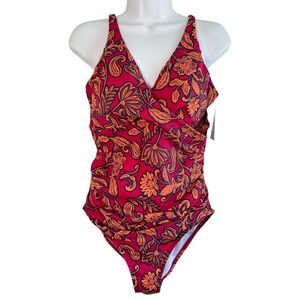Bal Harbour Womens Cross Front Vine of Mine One Piece Swimsuit Size 14